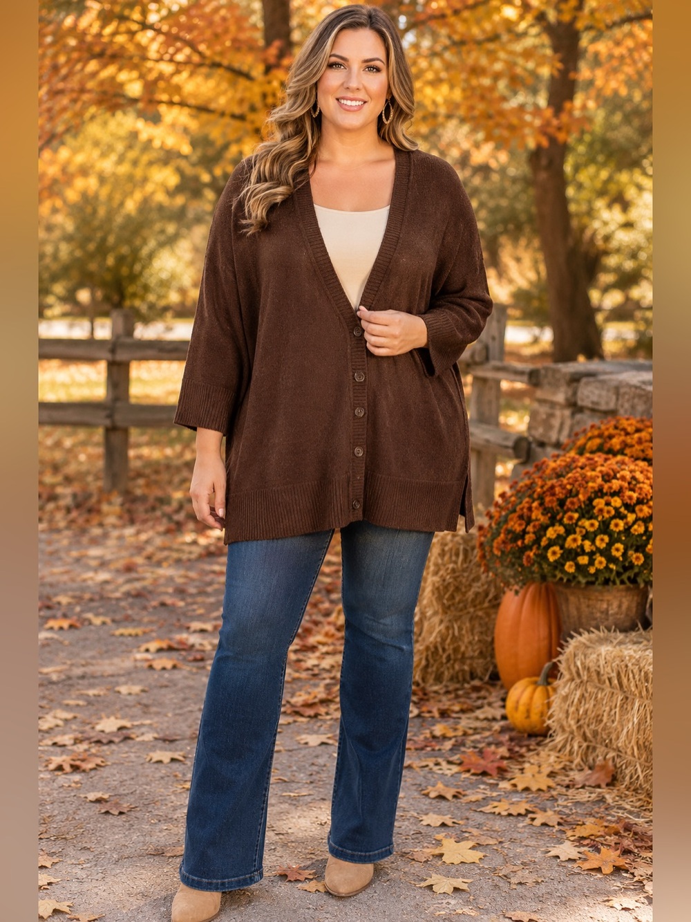 August Max Chocolate Brown 3/4 Sleeve Knit 4 Button Cardigan V Neck 1X